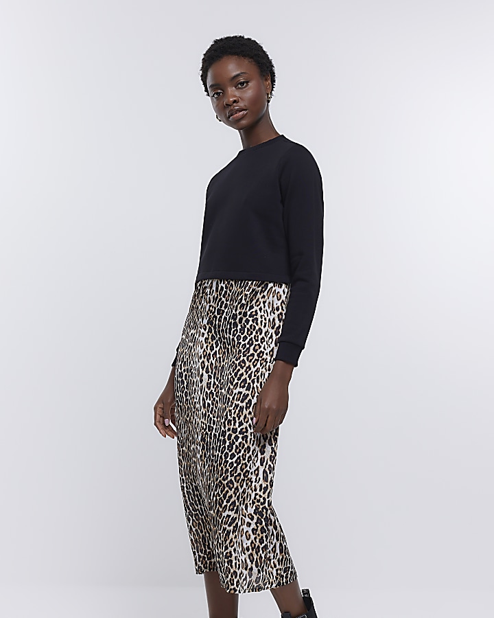 Black animal print midi jumper dress