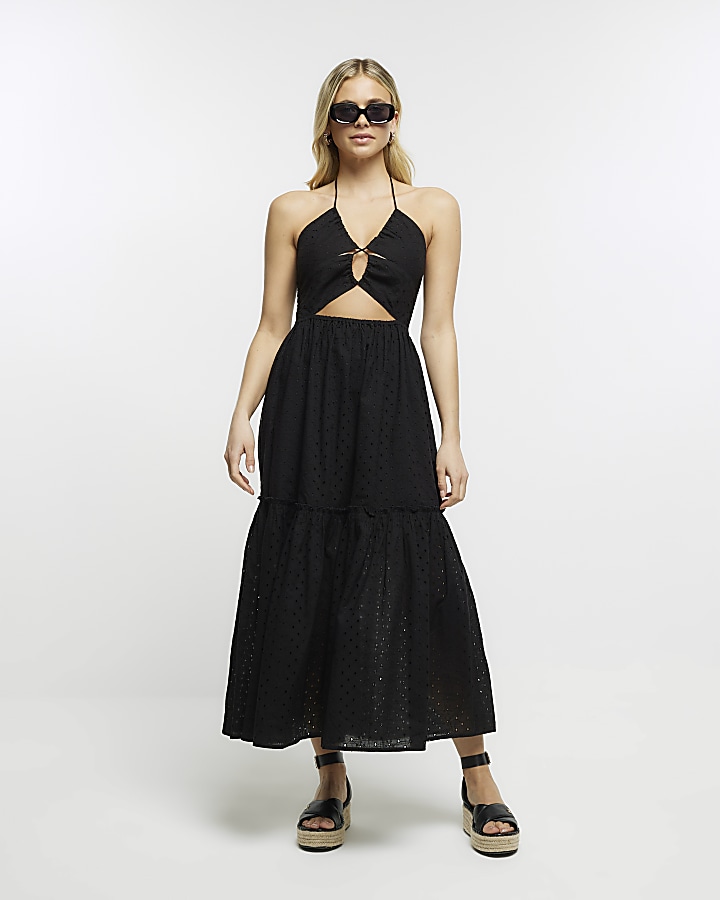 Black halter broderie beach midi dress