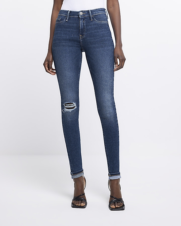 Blue Molly ripped mid rise skinny jeans | River Island