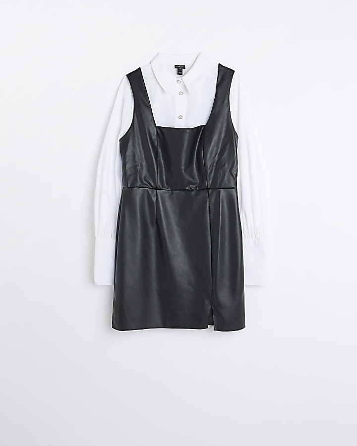 Black faux leather pinafore mini dress | River Island
