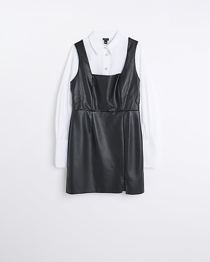 Black faux leather pinafore mini dress River Island
