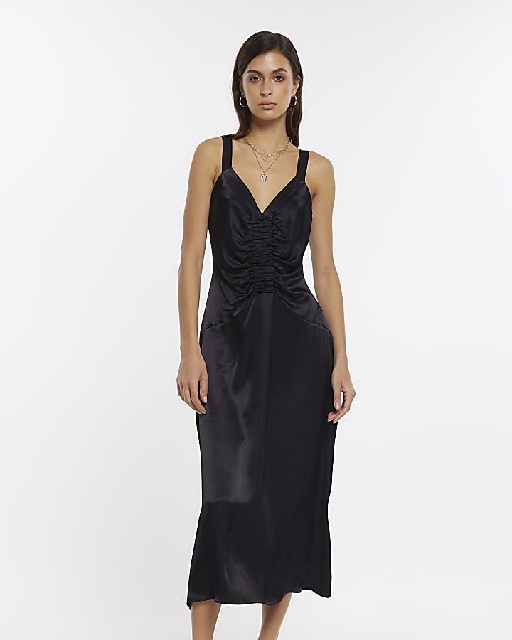 Black Ruched jersey midi slip dress, WARDROBE.NYC