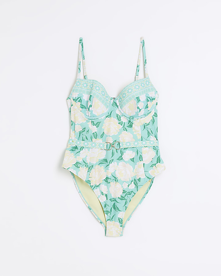 Green aqua floral structured swimsuit