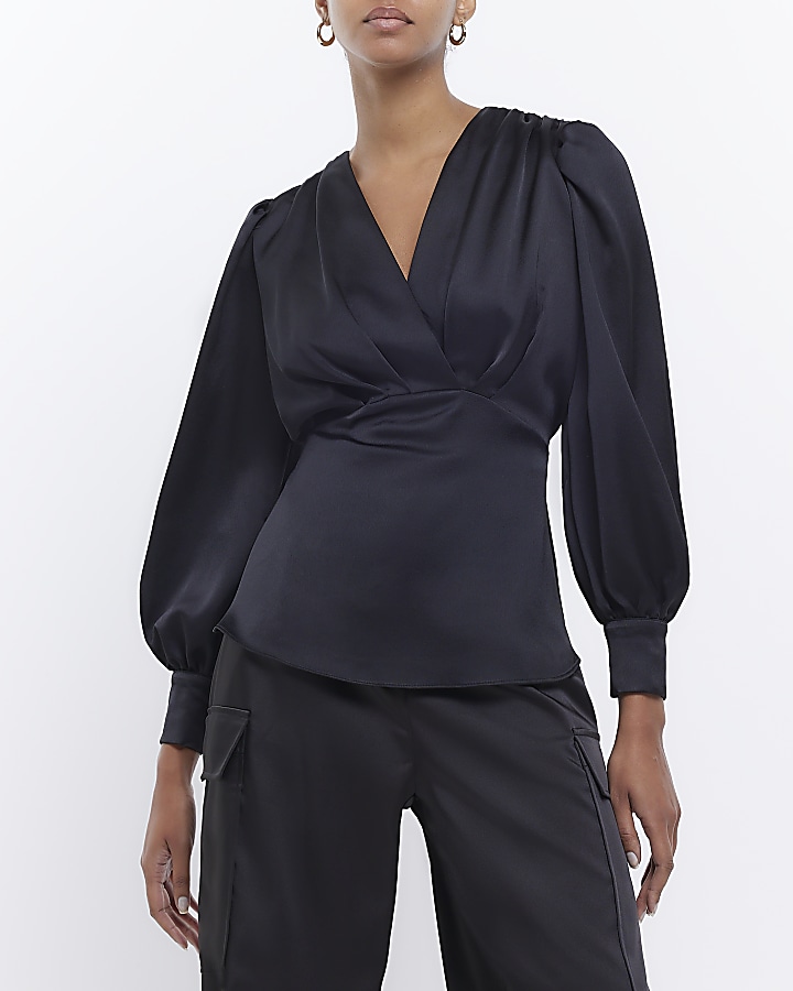 Black long sleeve v neck blouse | River Island