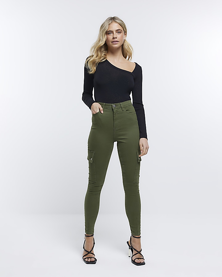 Khaki high waisted cargo skinny jeans