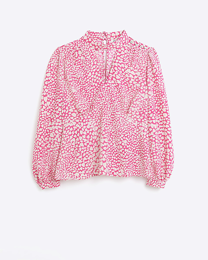Pink heart print high neck blouse