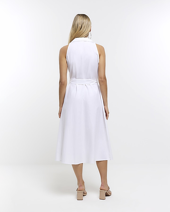White belted sleeveless midi shirt dress