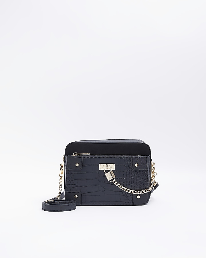 Black croc embossed boxy cross body bag online