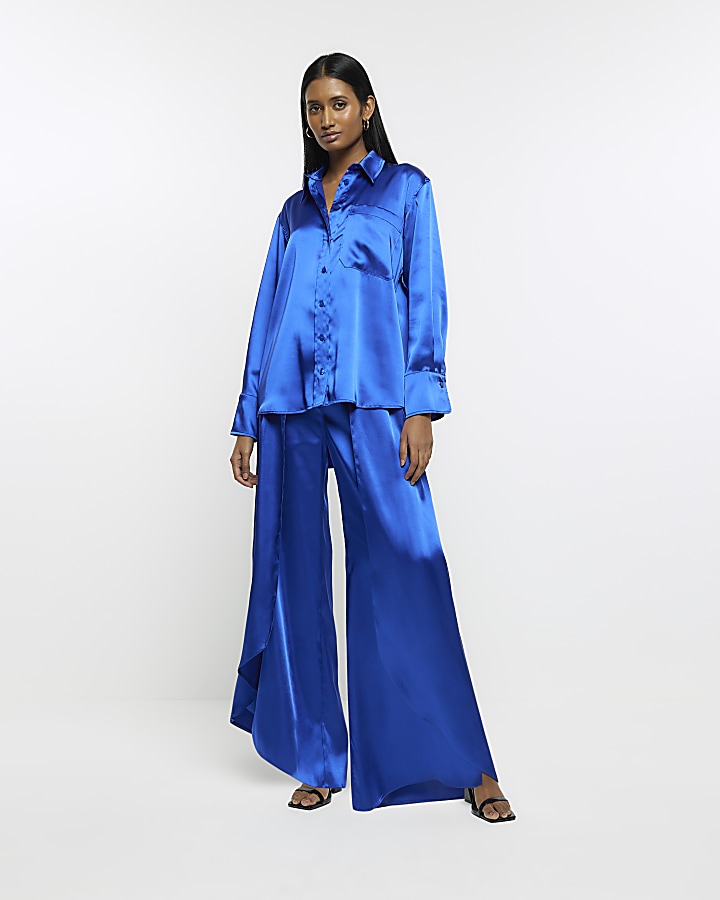 FULL-LENGTH SATIN TROUSERS - Bluish