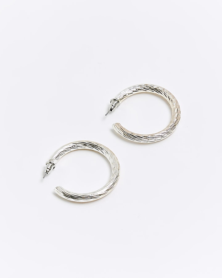 Silver textured hoop earrings