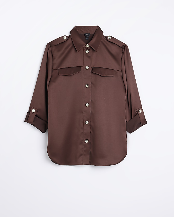 Brown satin utility shirt
