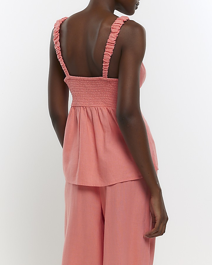 Pink linen bow cami top