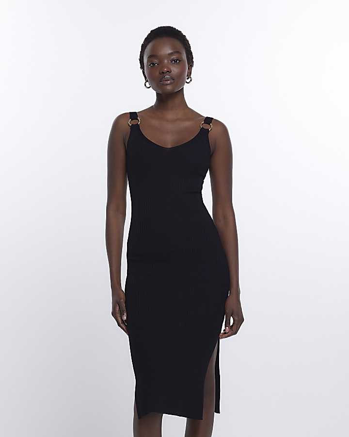 Black knitted bodycon midi dress River Island