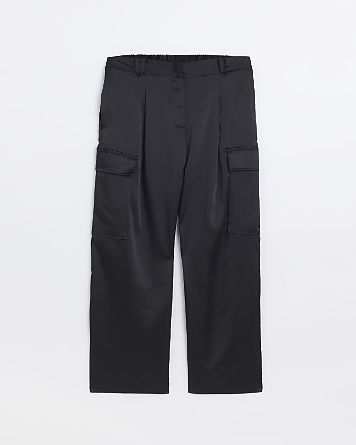 Plus black satin wide leg cargo trousers
