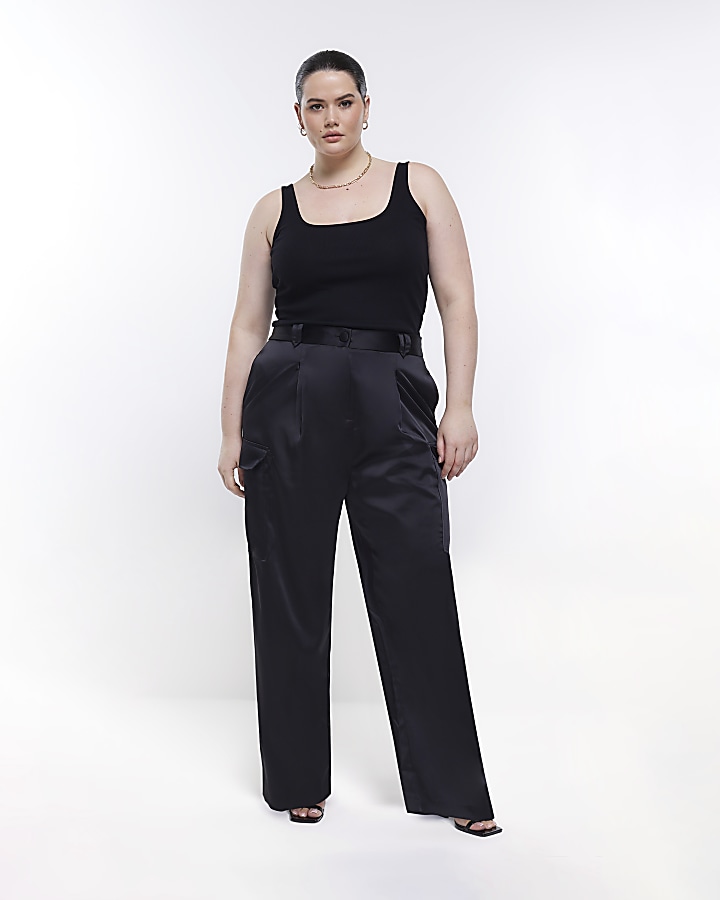 Plus black satin wide leg cargo trousers