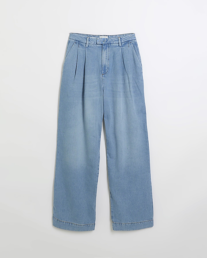 Blue wide leg tailored jeans | River Island