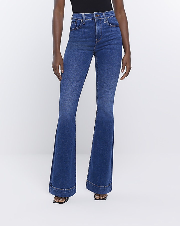Blue high waisted tummy hold flare jeans | River Island