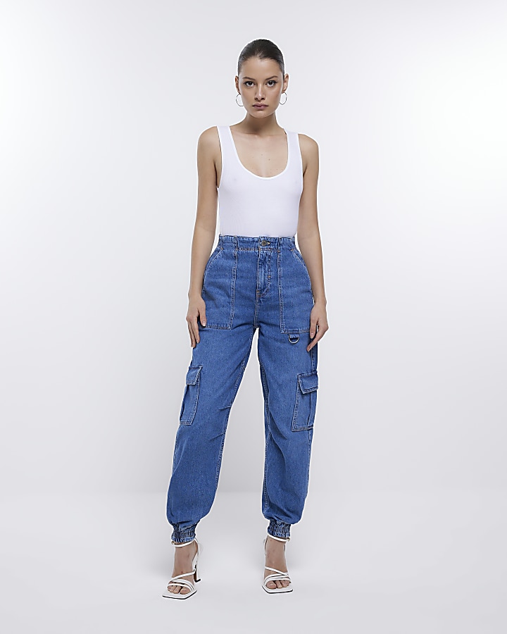 High Waisted Denim Cargo Joggers