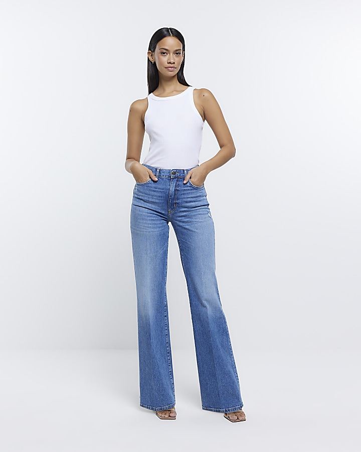 Blue mid rise wide leg jeans