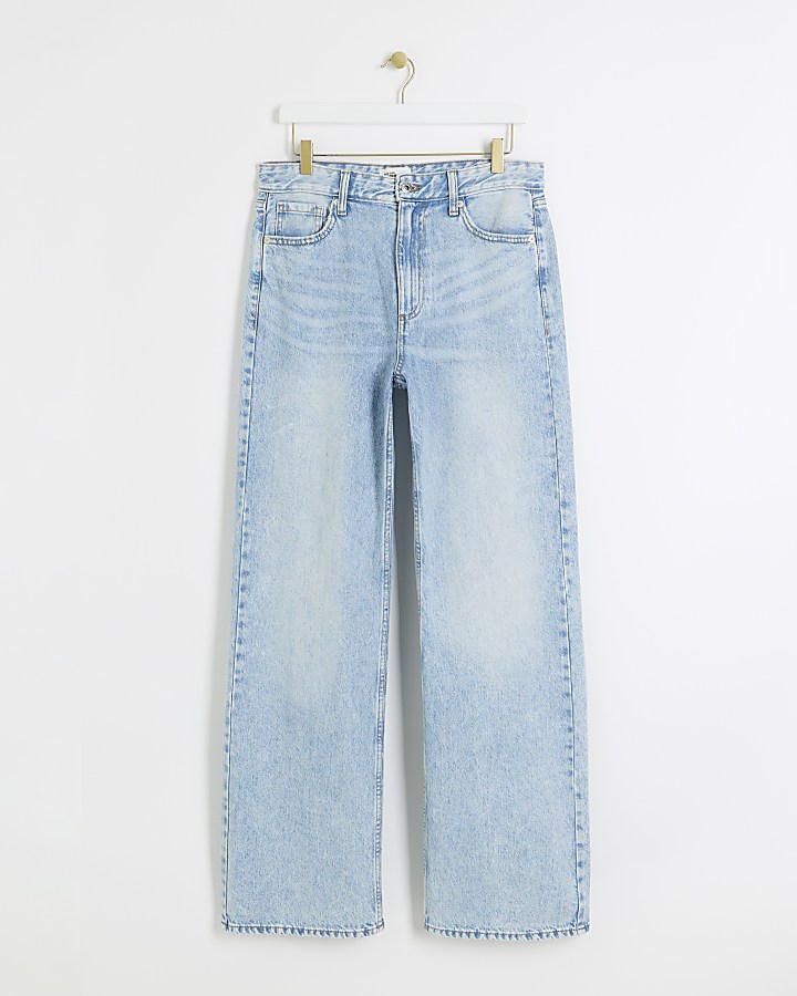 Blue high waisted relaxed straight leg jeans