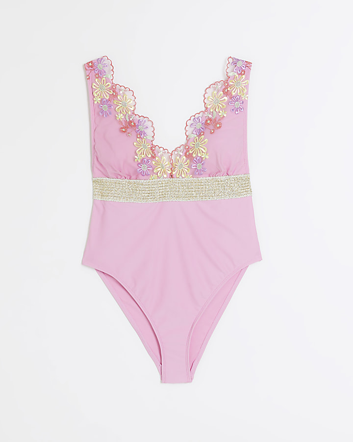 Pink embroidered plunge swimsuit
