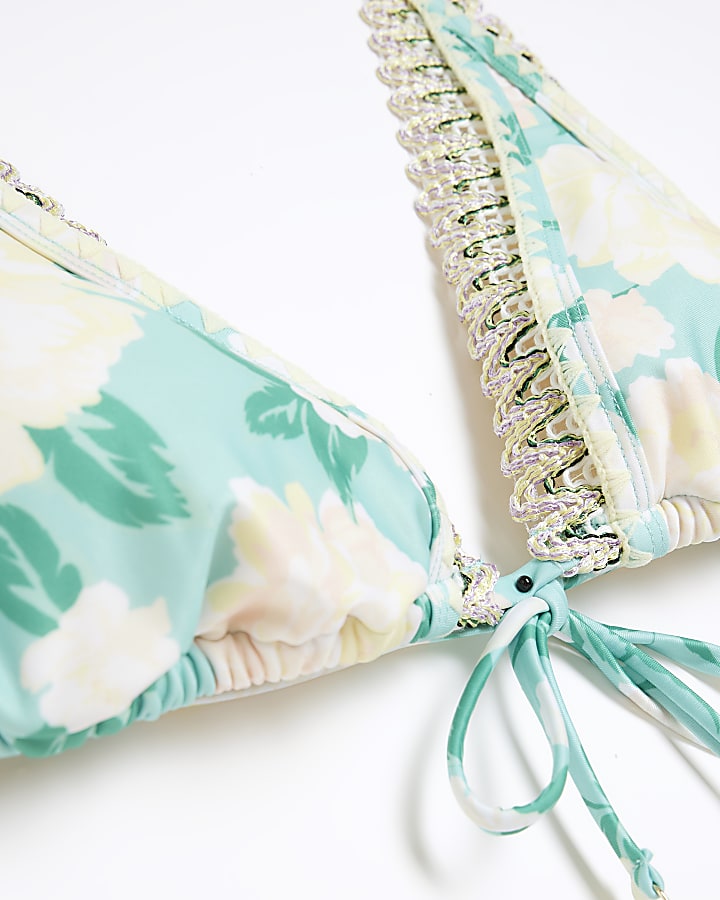Aqua floral print triangle bikini top