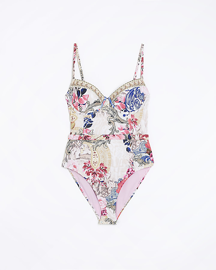 Pink floral structured swimsuit