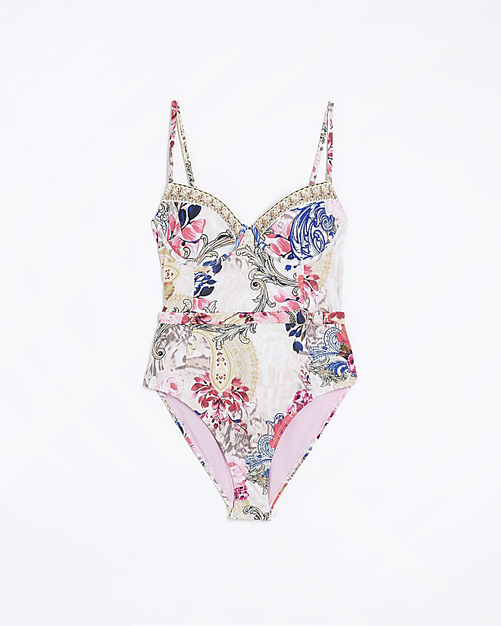 Pink floral structured swimsuit River Island