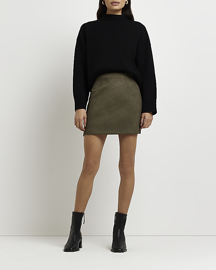 Khaki faux suede mini skirt