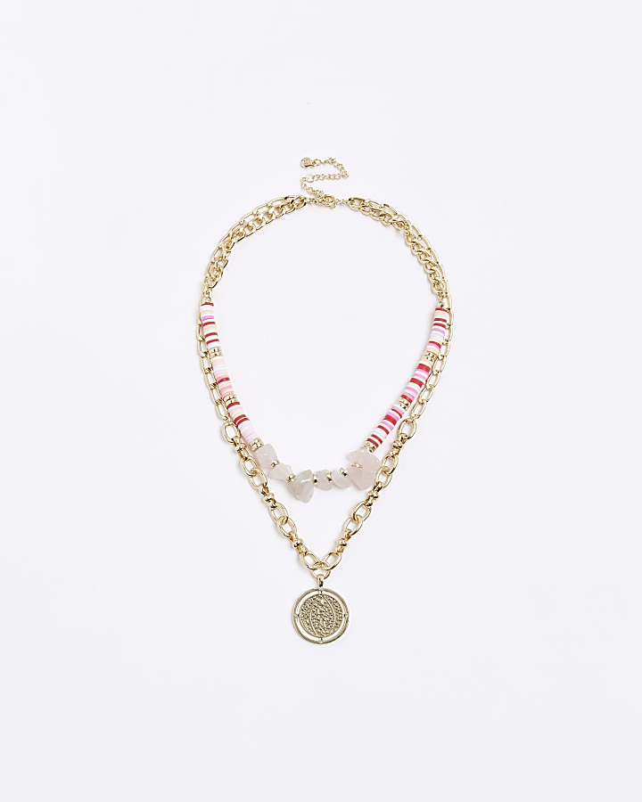 Pink coin pendant layered necklace