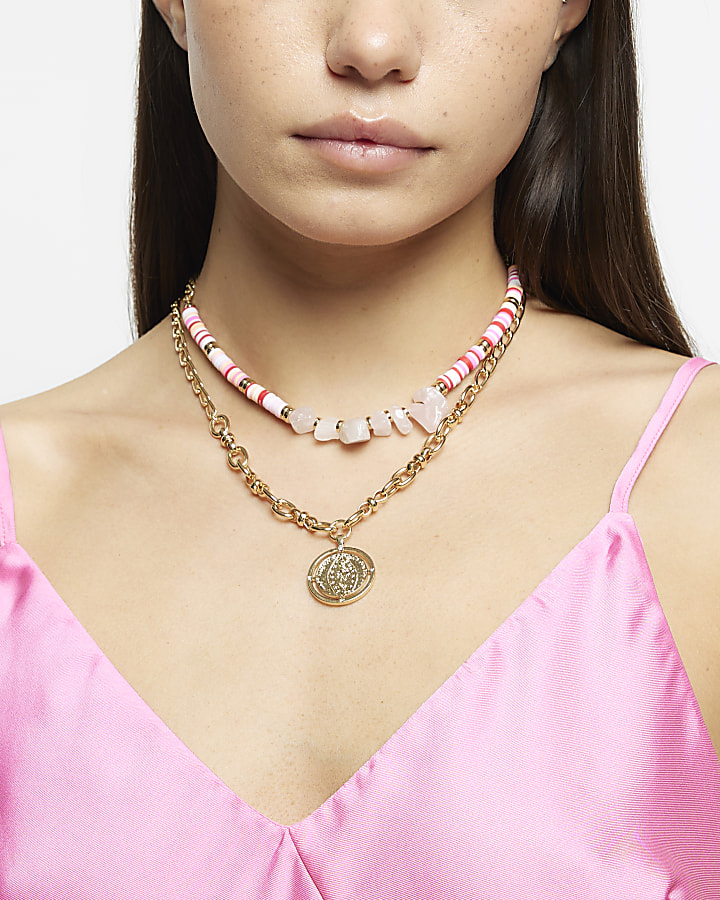 Pink coin pendant layered necklace