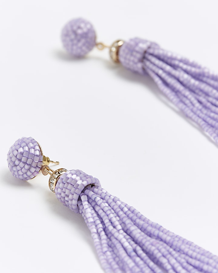 Purple beaded tassel drop earrings