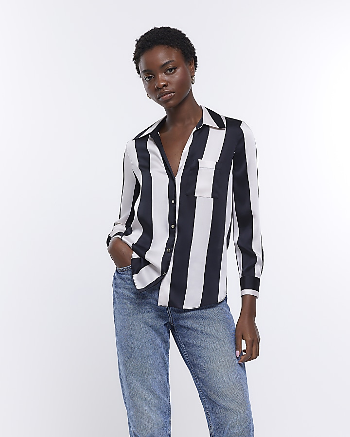 Black stripe satin long sleeve shirt | River Island