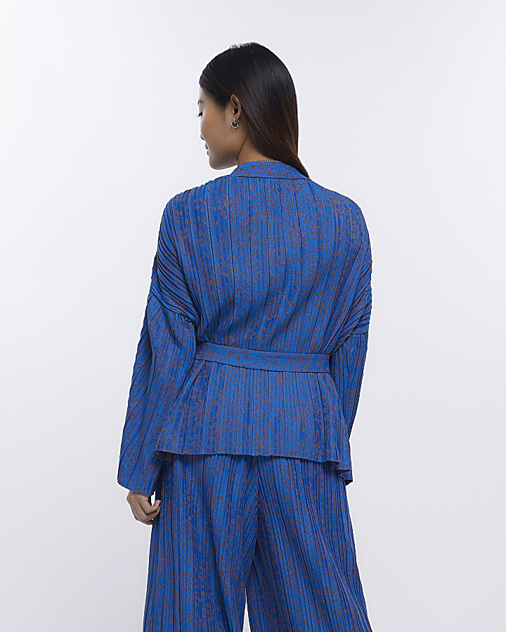 Petite blue print plisse belted kimono