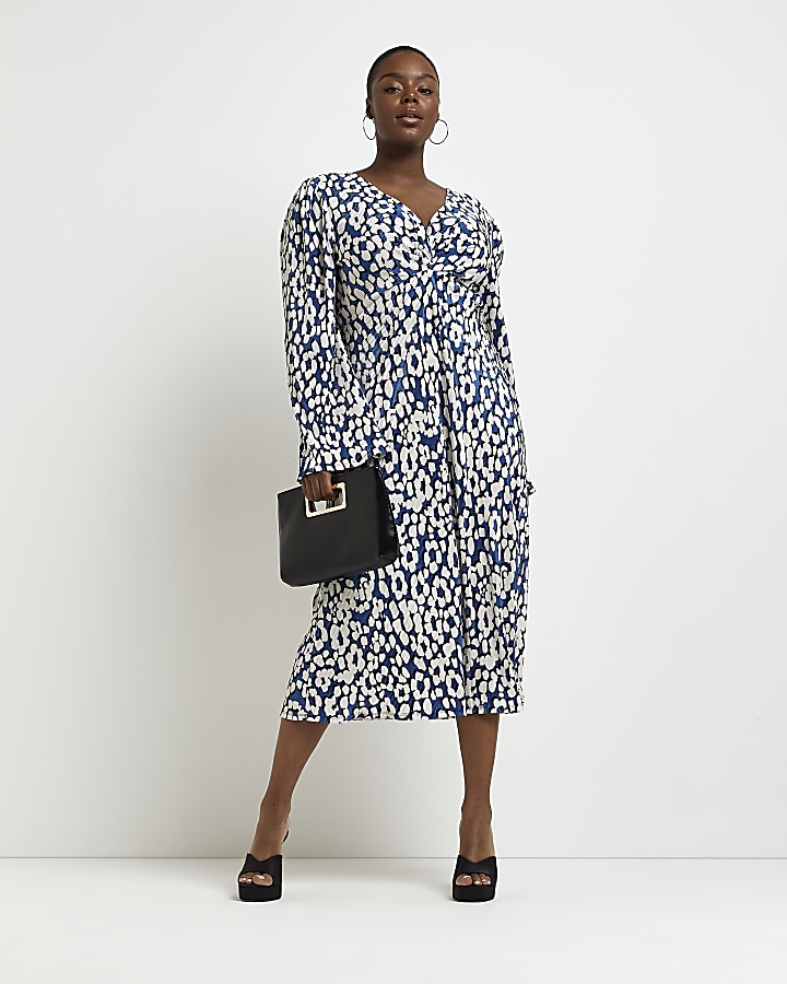 Plus blue floral plisse midi dress River Island