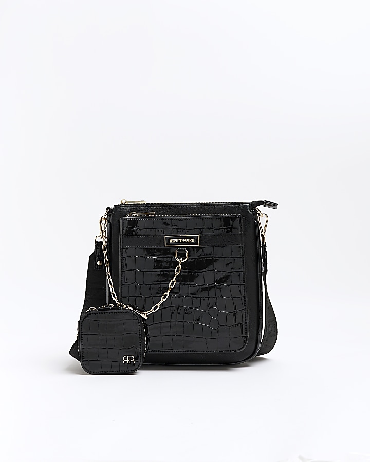 Black croc embossed messenger bag