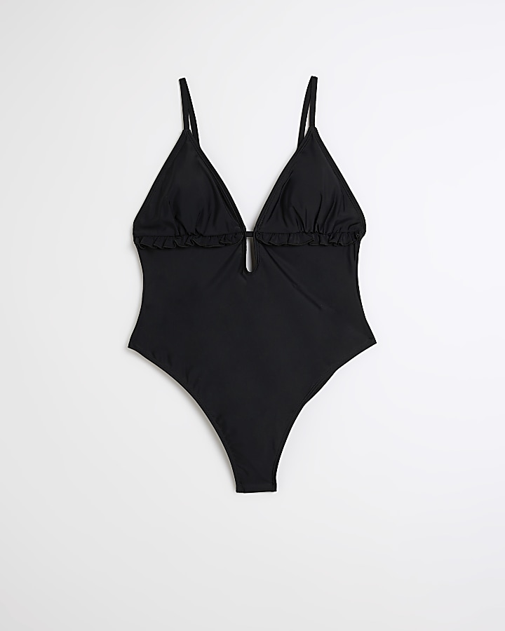 Black frill plunge swimsuit River Island