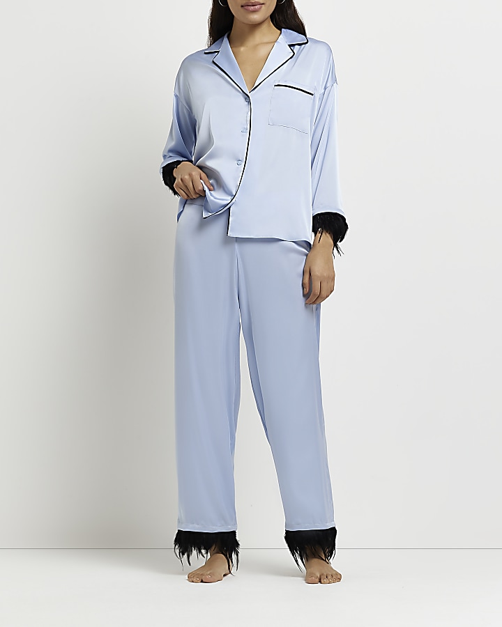 Blue satin feather hem pyjama bottoms