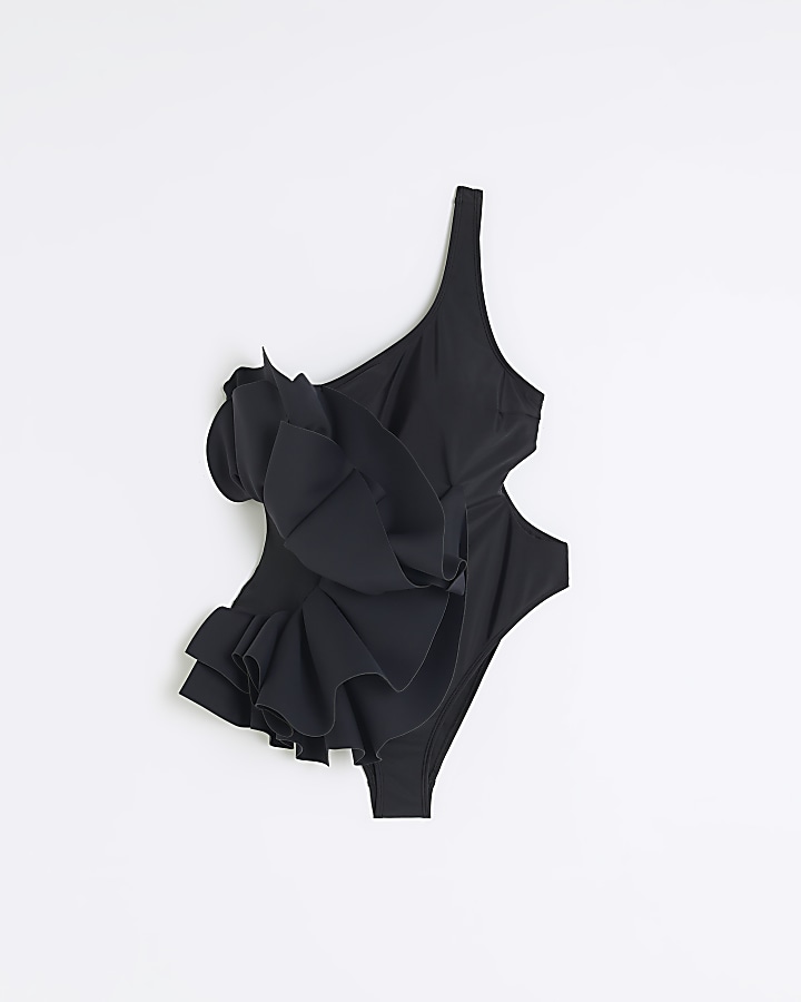 Black frill one shoulder swimsuit