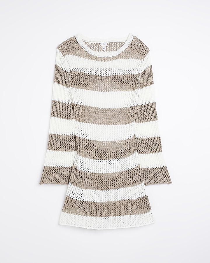 Beige knit striped beach mini dress