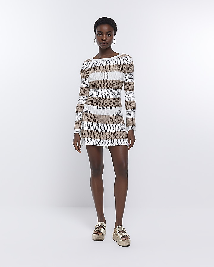 Beige knit striped beach mini dress