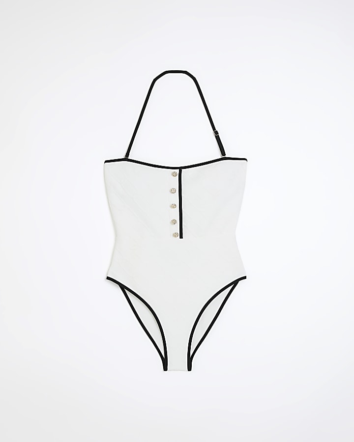 Cream Texture Button Bandeau Swimsuit
