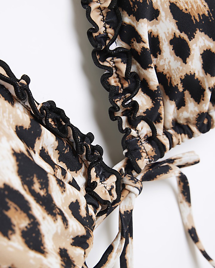 Brown leopard print frill triangle bikini top