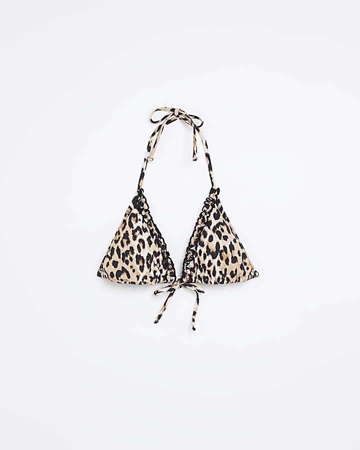Brown leopard print frill triangle bikini top
