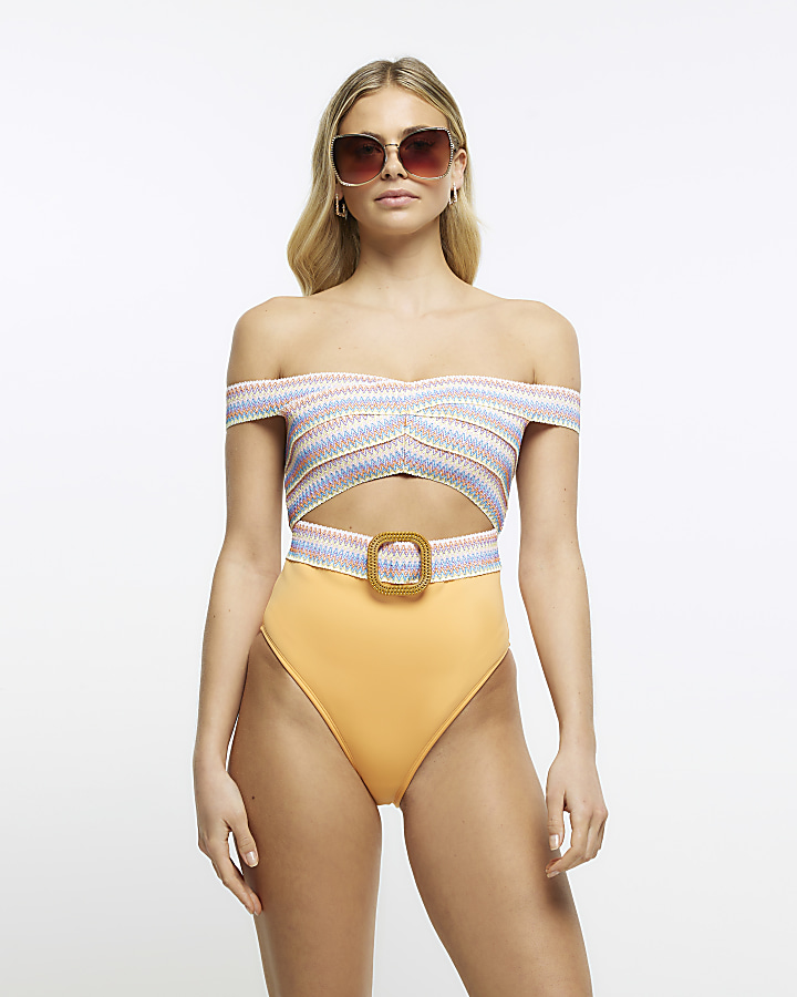 Orange stripe elastic bardot swimsuit