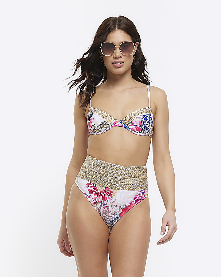 Pink floral high waisted bikini bottoms