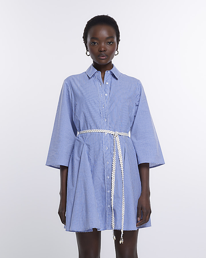 Belted Mini Shirt Dress, Blue