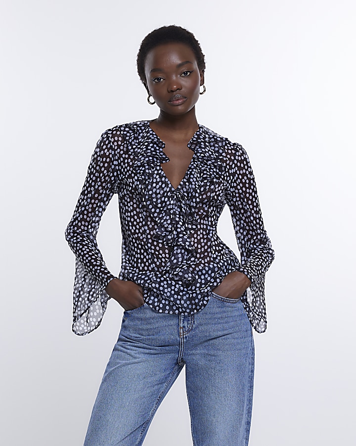 Black Spot Ruffle Blouse