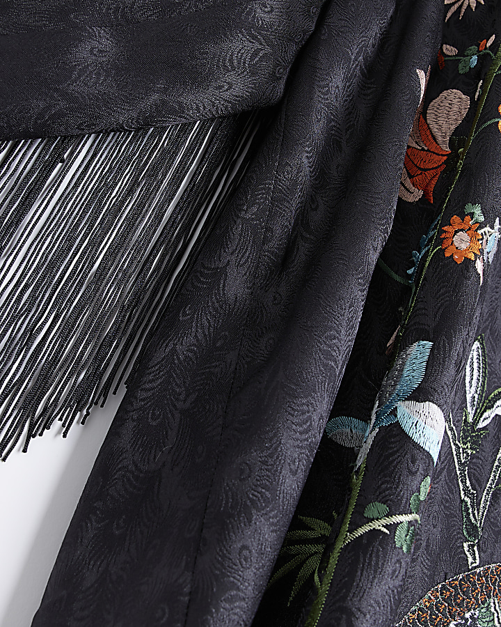 Black satin embroidered longline kimono