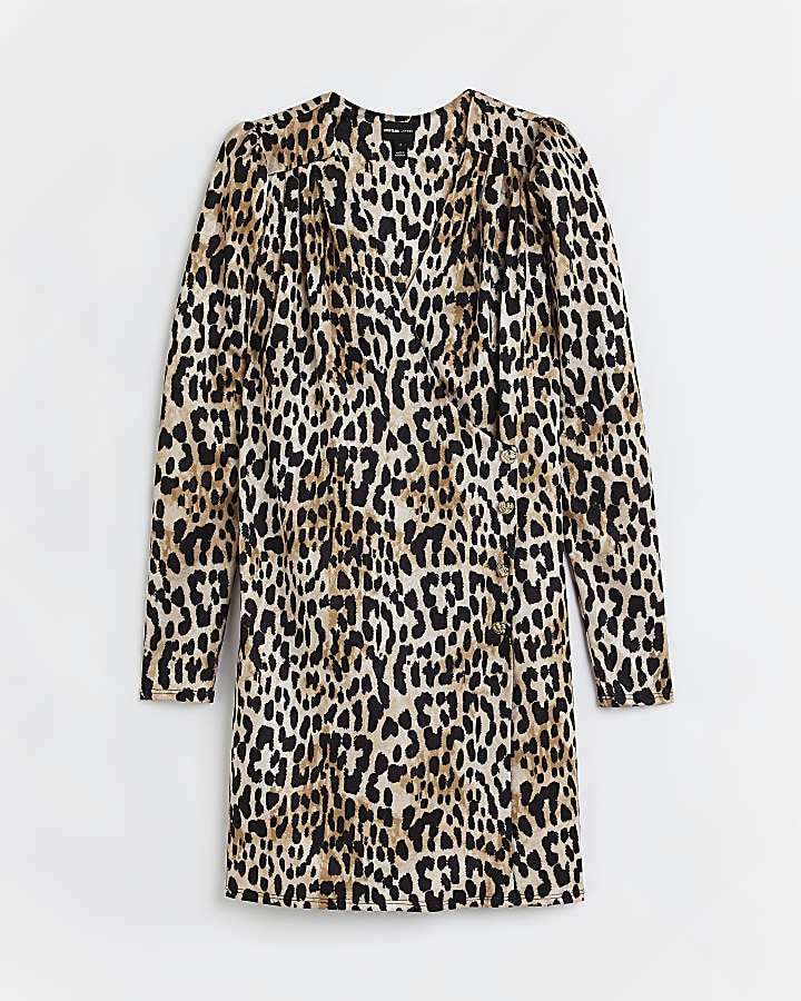 Brown leopard print wrap mini dress